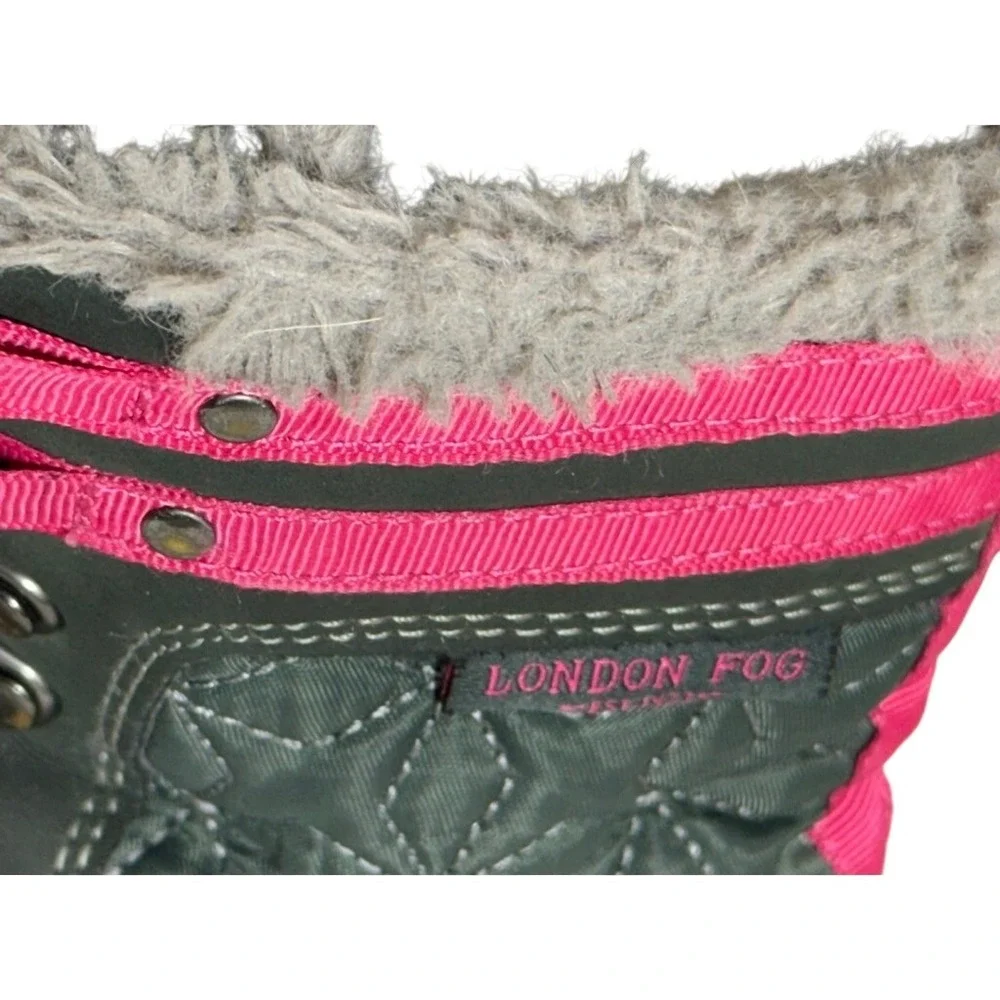 London Fog Girls Winter Snow Boots Gray Pink‎ Quilted Faux Fur Trim Waterproof